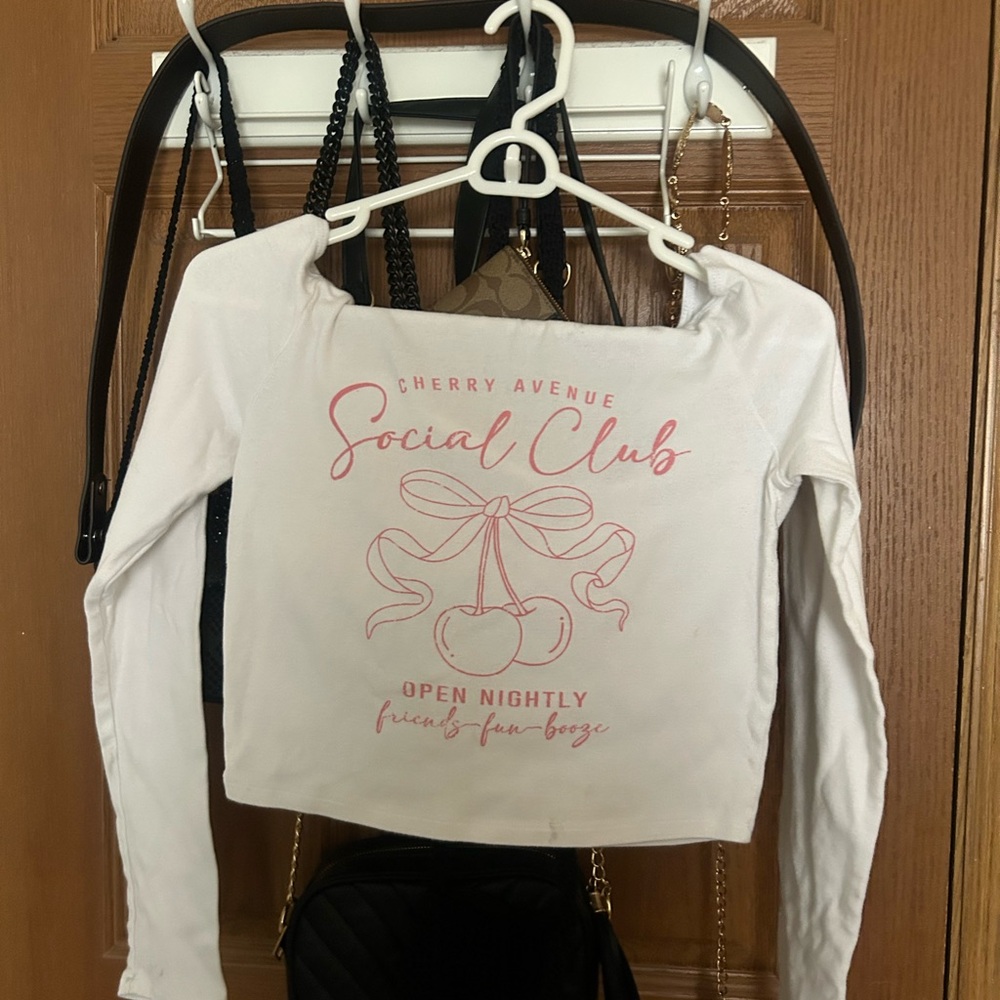 White Long Sleeve Off The Shoulder Cherry Avenue Social Club Top